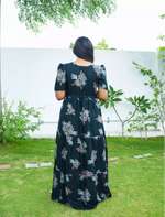 Rayon Floral Tie Waist Puff Sleeve with Pocket - Mangai Nighties