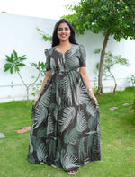 Bottle Green Rayon Floral Print Gathering Long Frock - Mangai Nighties