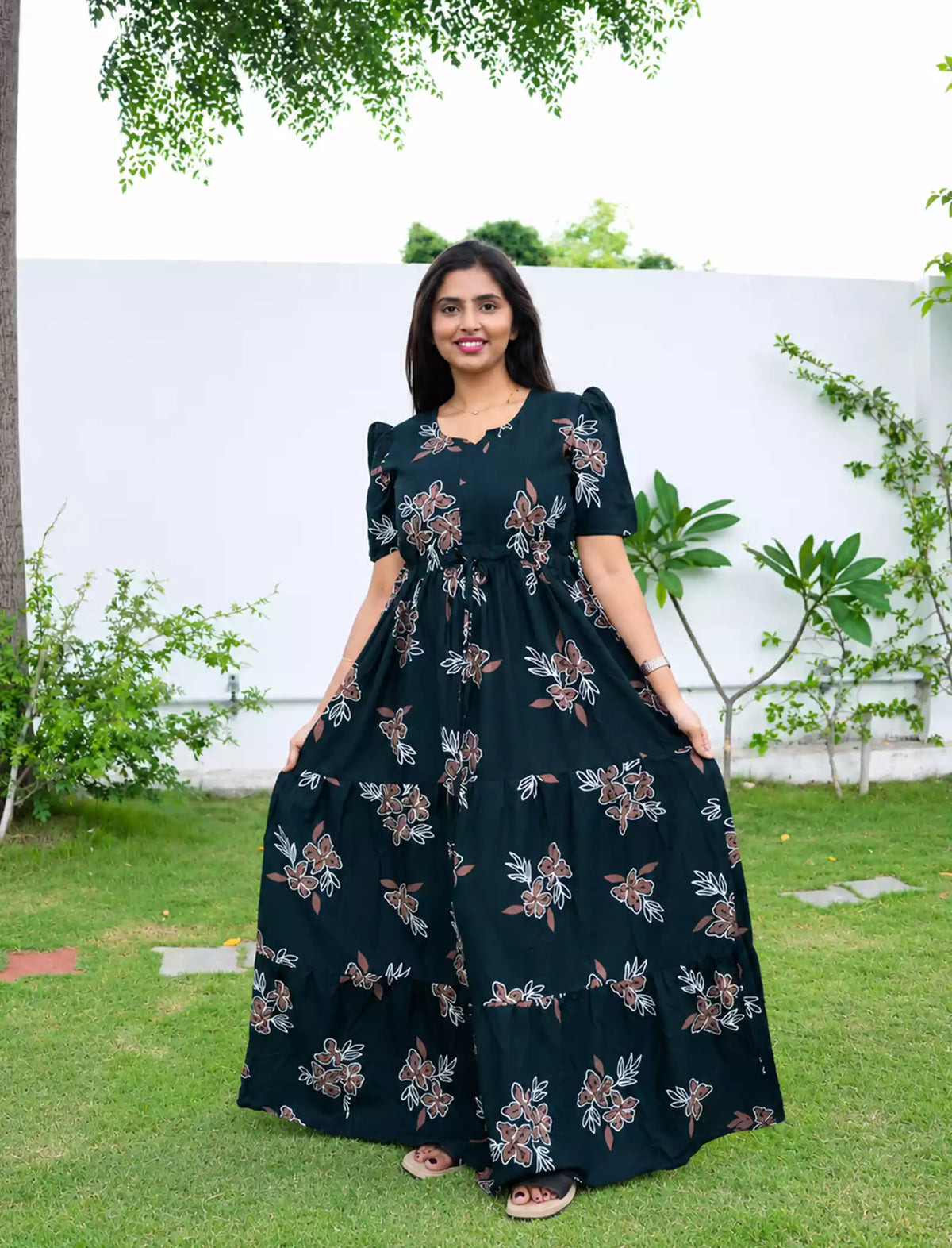 Rayon Floral Tie Waist Puff Sleeve with Pocket - Mangai Nighties