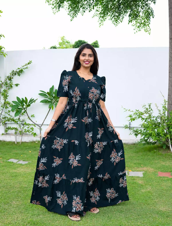 Bottle Green Rayon Floral Print Gathering Long Frock - Mangai Nighties