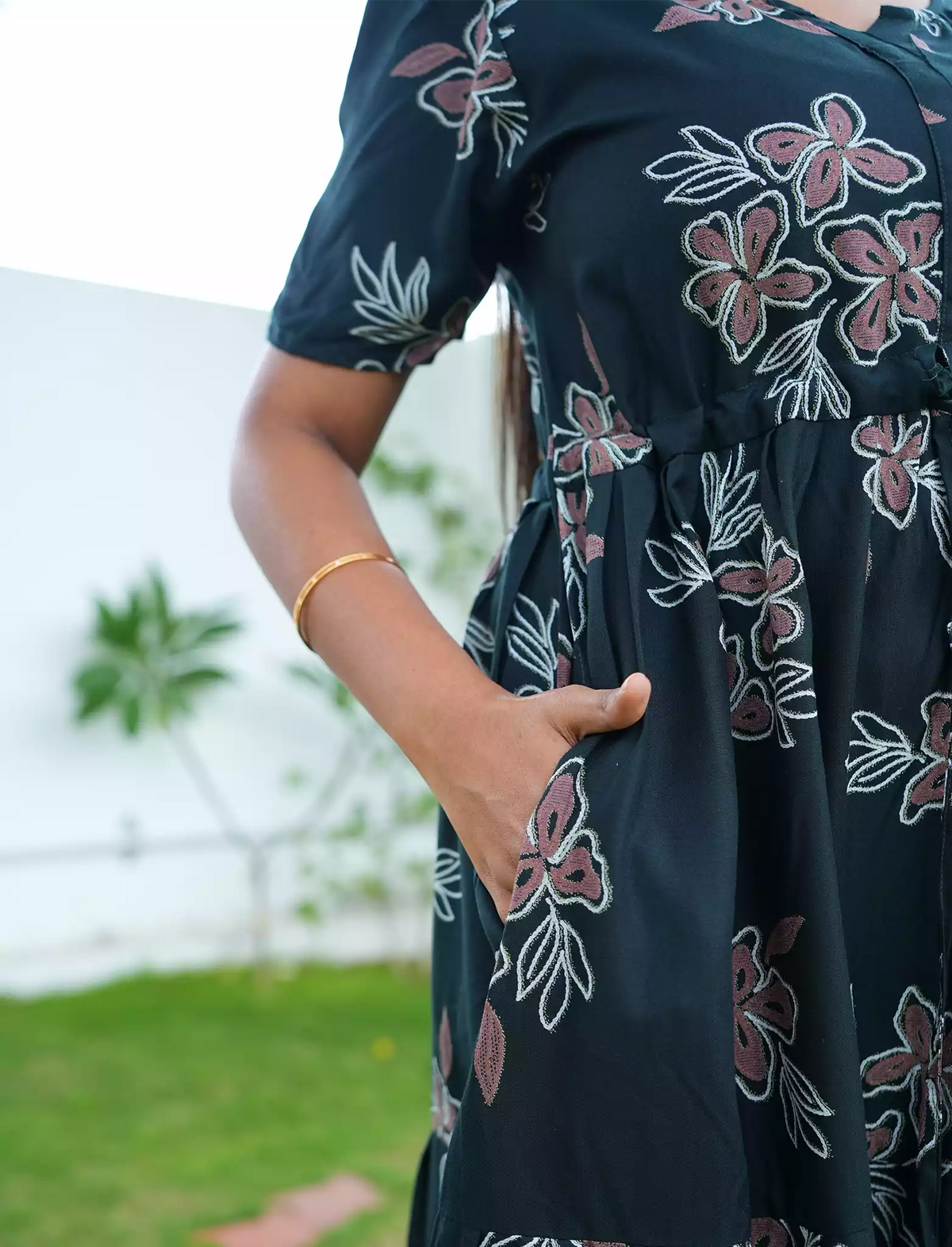 Rayon Floral Tie Waist Puff Sleeve with Pocket - Mangai Nighties