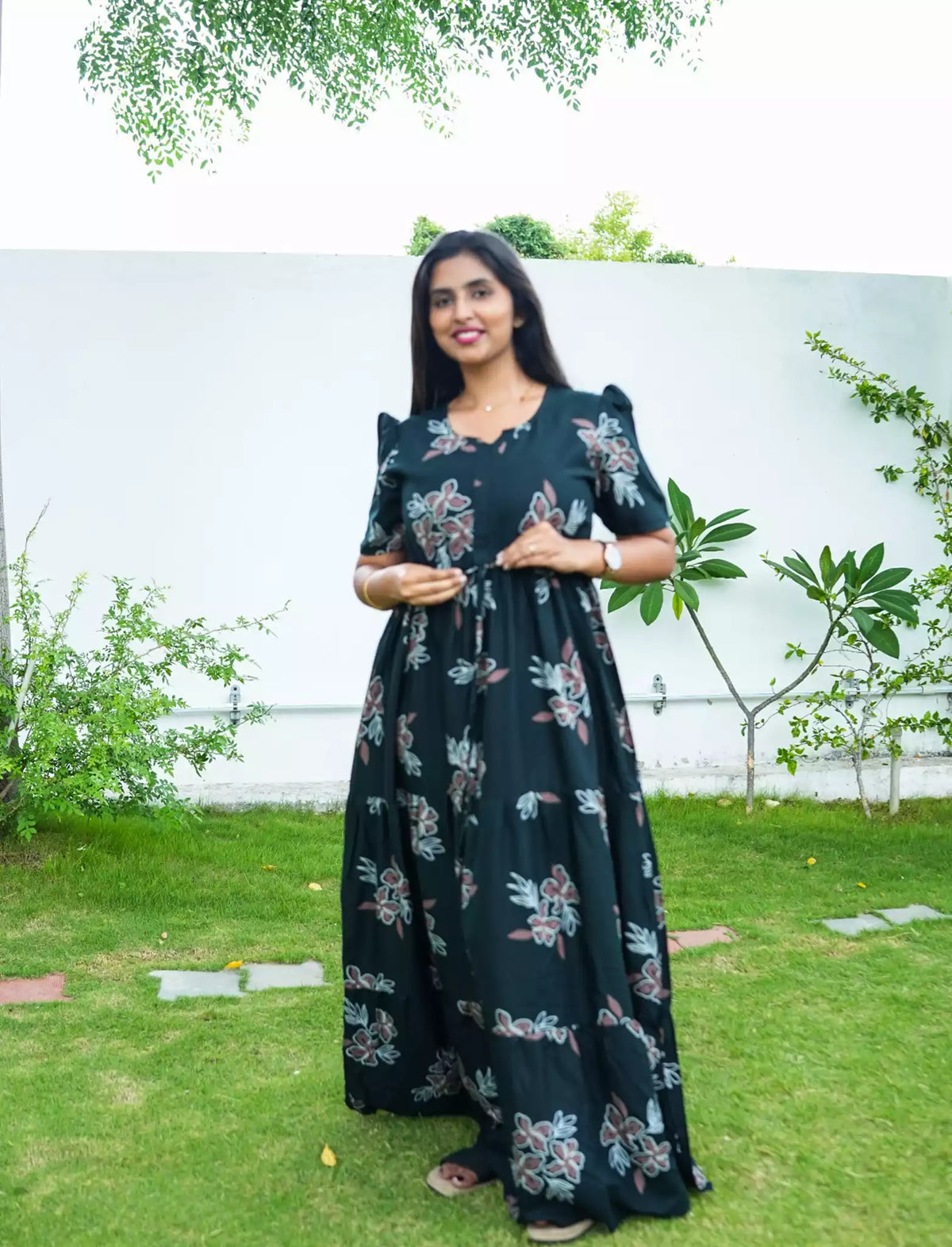 Rayon Floral Tie Waist Puff Sleeve with Pocket - Mangai Nighties