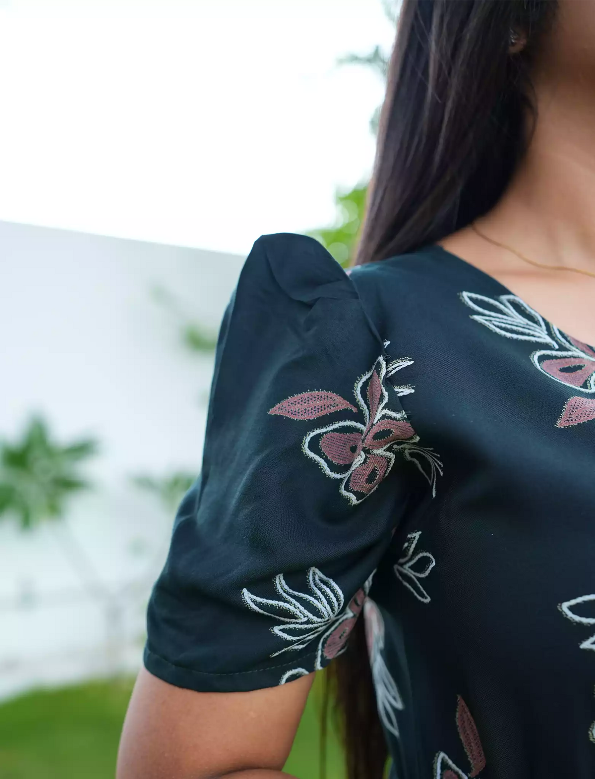 Rayon Floral Tie Waist Puff Sleeve with Pocket - Mangai Nighties