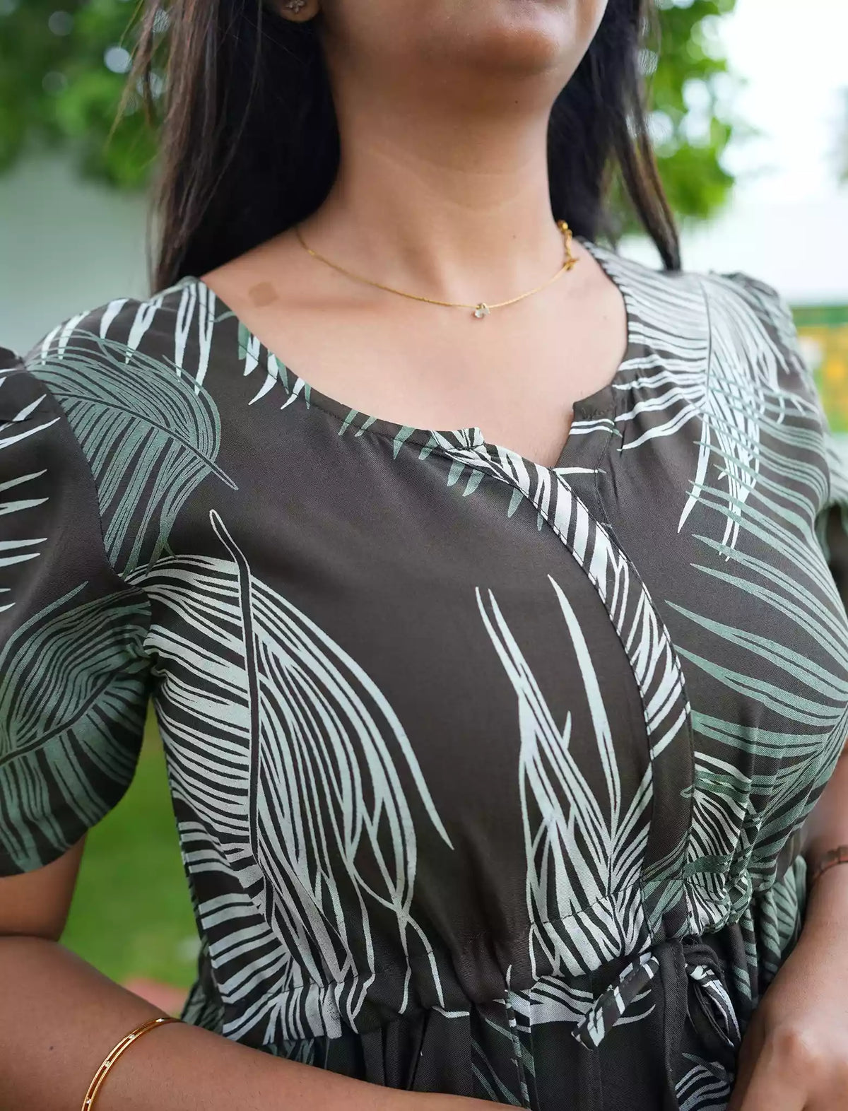 Women's Bottle Green Rayon Printed Long Frock Zipless Maxi - Mangai Nighties