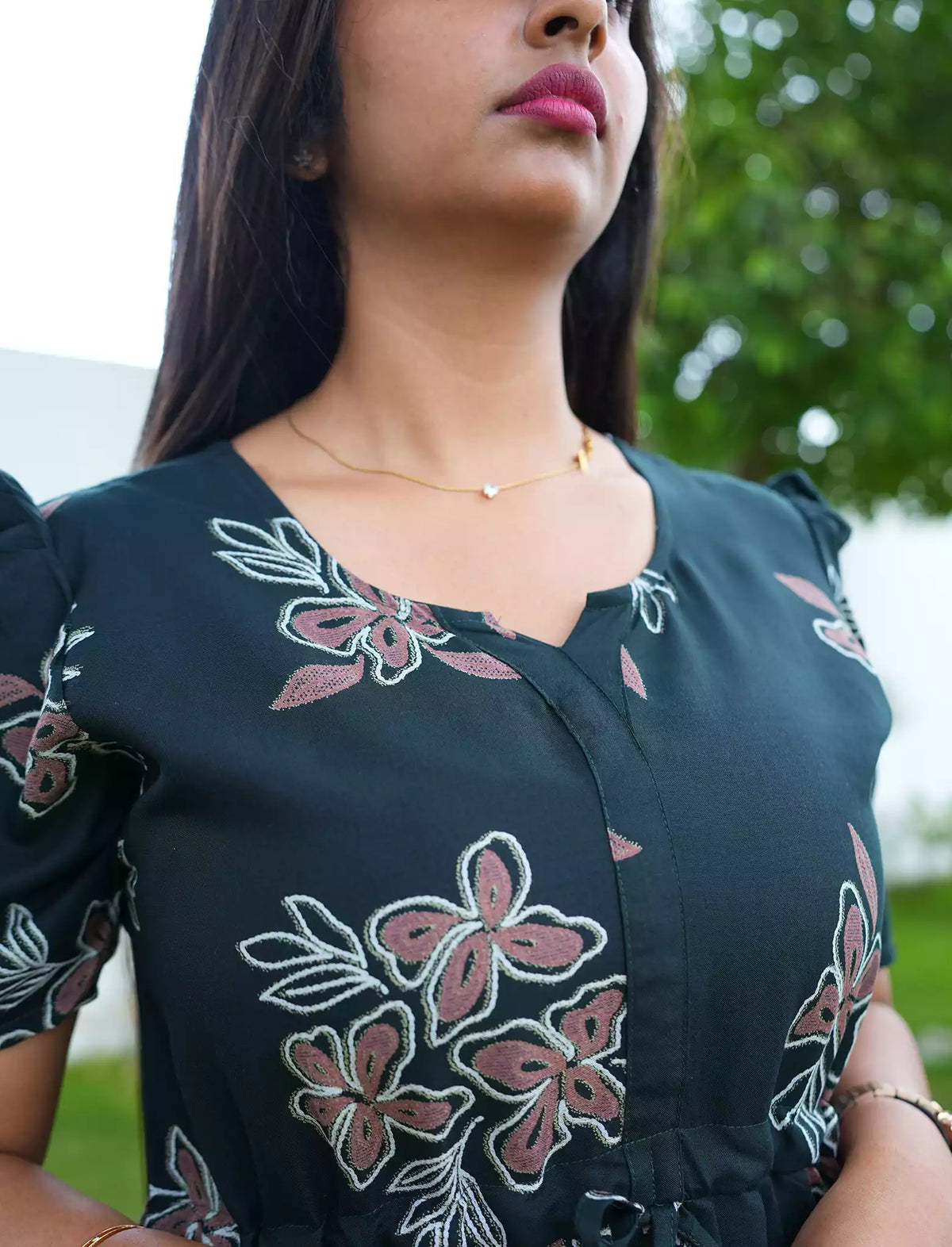 Rayon Floral Tie Waist Puff Sleeve with Pocket - Mangai Nighties