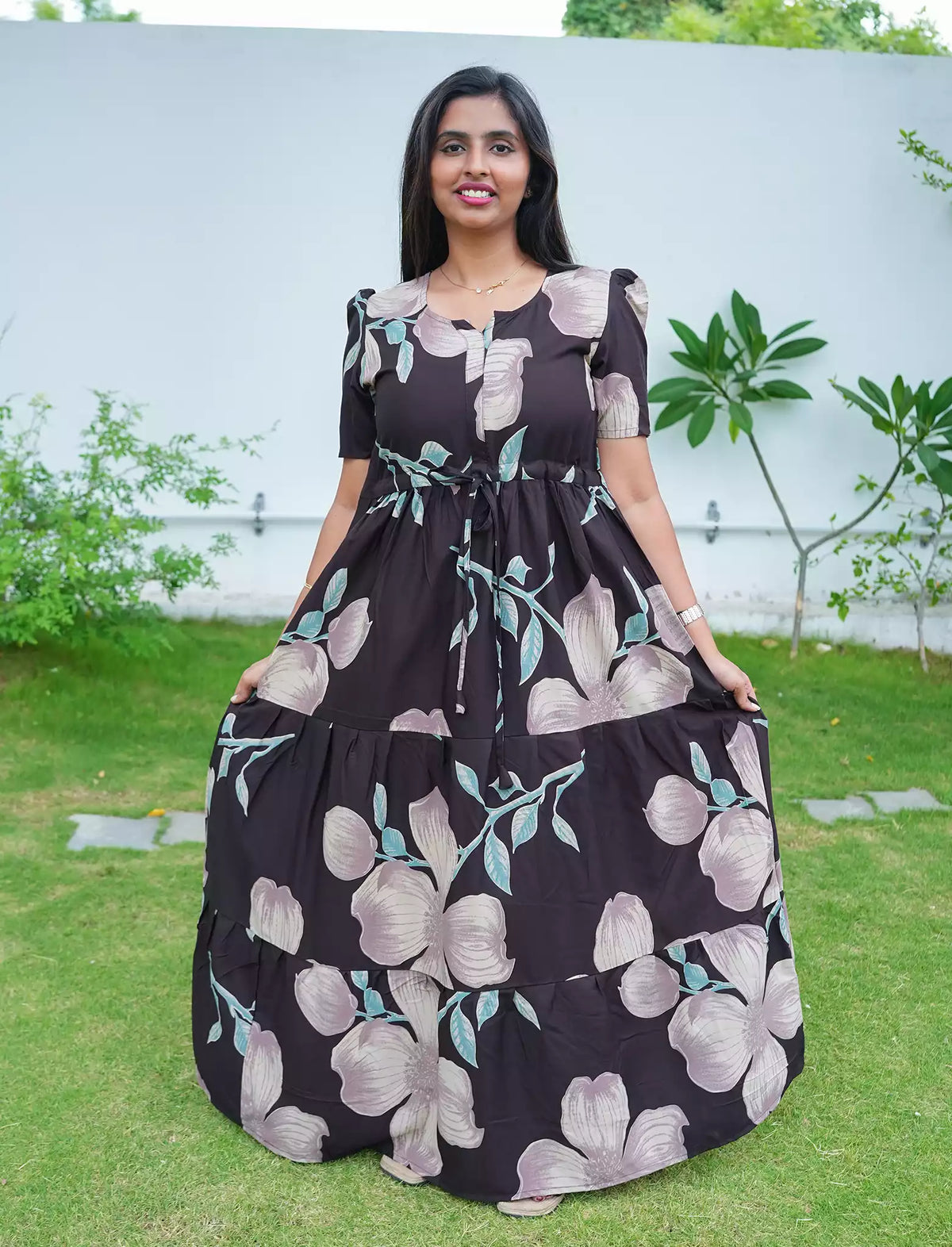 Rayon Floral Flared Frock with Tie Knot | Mangai Nighties
