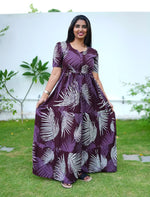 Brown Rayon Floral Print Gathering Long Frock - Mangai Nighties