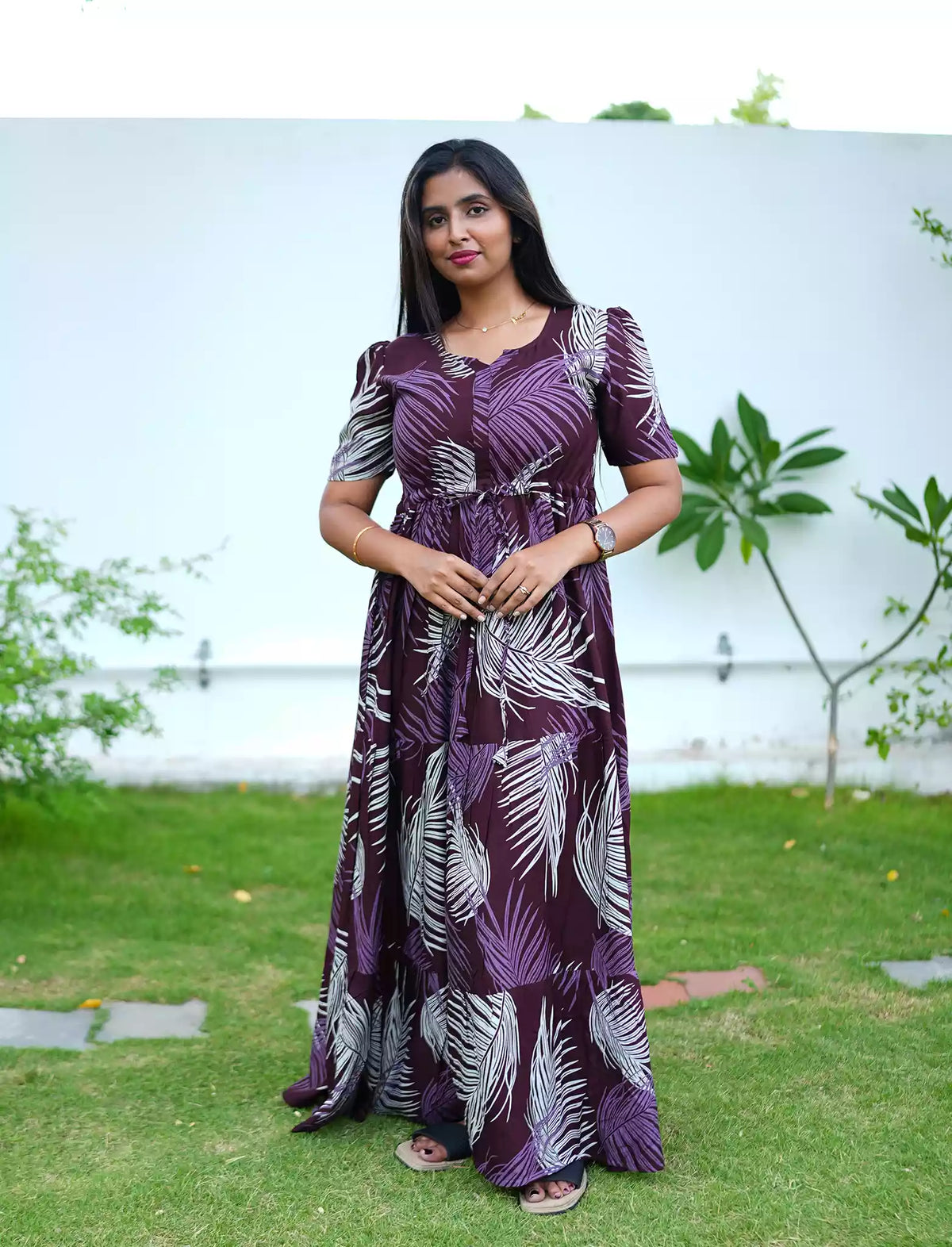 Brown Rayon Gathering Long Frock with Front Tie – Mangai Nighties 