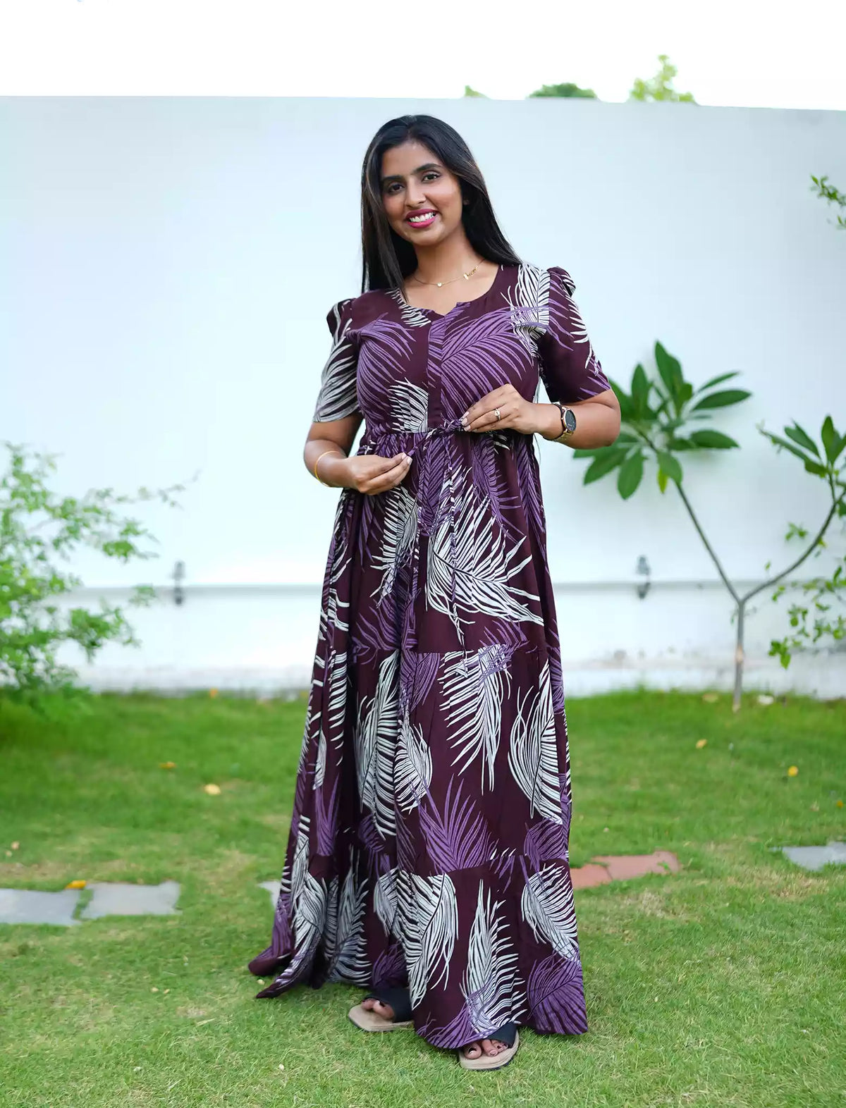 Brown Gathered Rayon Frock with Adjustable Front Tie - Mangai Nighties