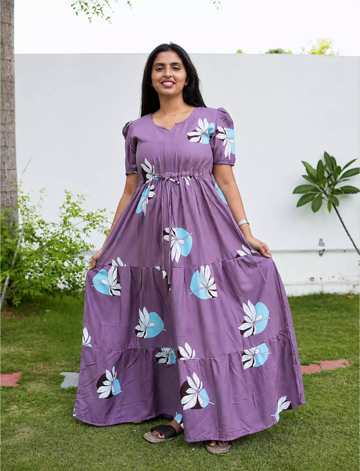 Rayon Floral Print Front Tie Flared Frock with Pocket | Mangai Nighties