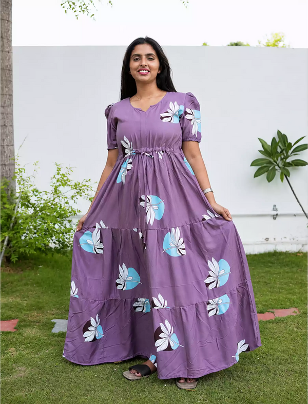 Lavender Rayon Floral Print Gathering Long Frock - Mangai Nighties