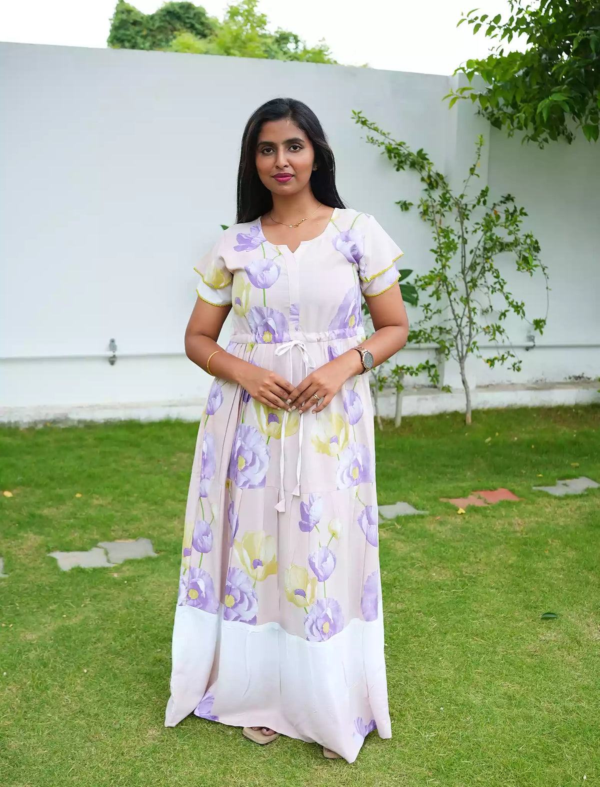 Lavender Rayon Gathering Long Frock with Front Tie – Mangai Nighties nder