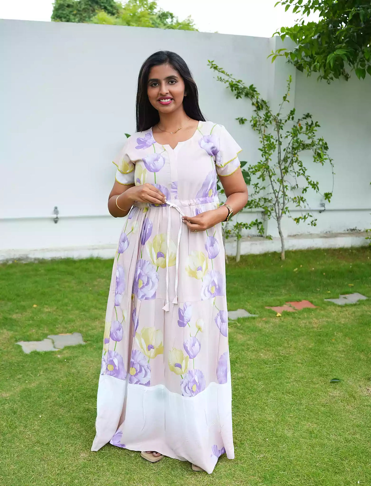 Lavender Gathered Rayon Frock with Adjustable Front Tie - Mangai Nighties