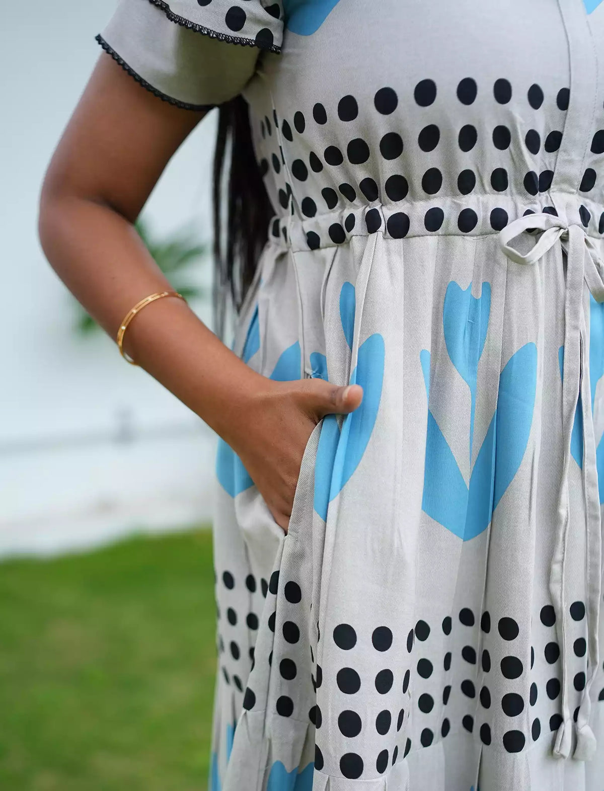 Rayon Heart Dot Print Tie Waist with Layered Sleeves - Mangai Nighties