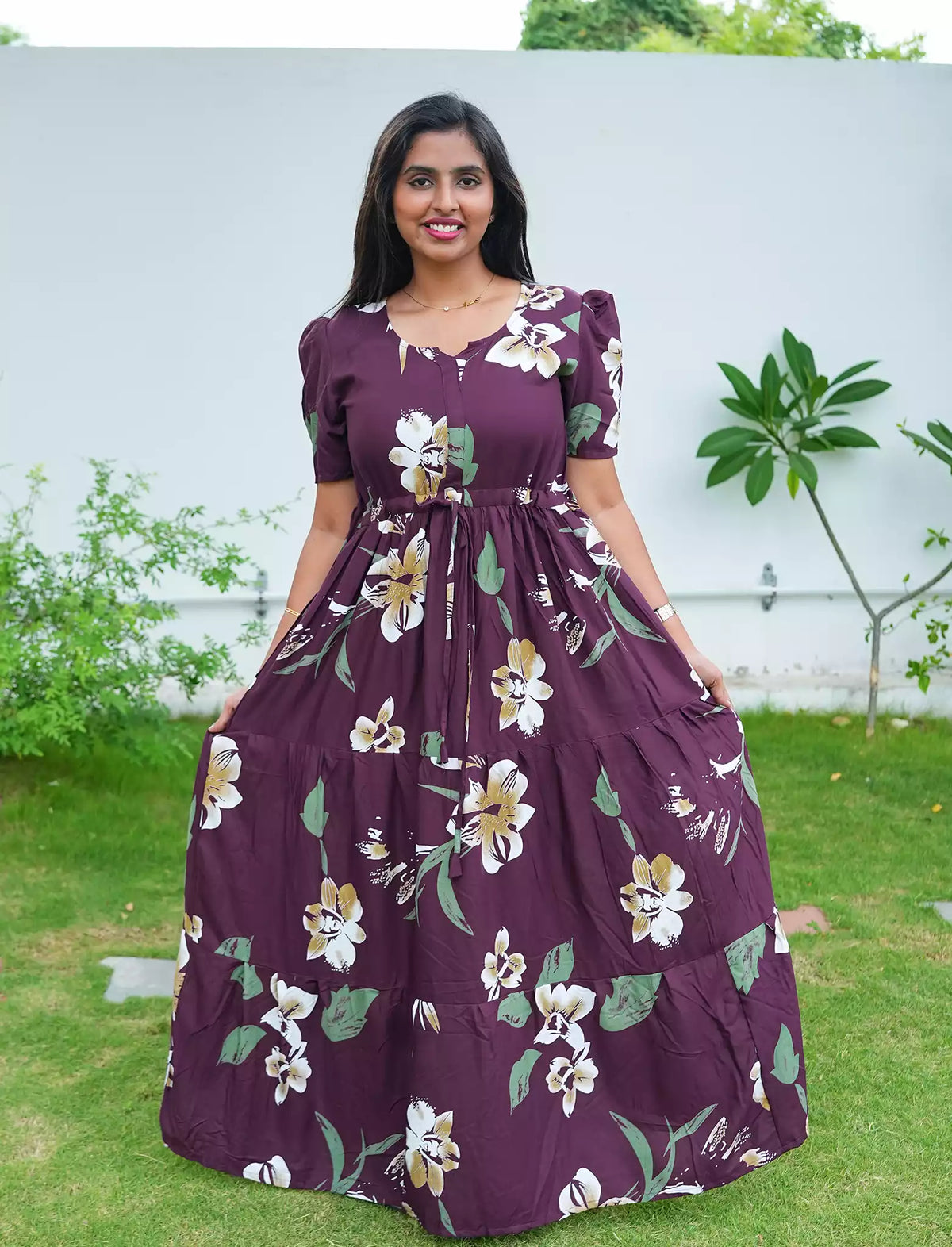 Rayon Floral Print Flared Frock with Puff Sleeve| Mangai Nighties