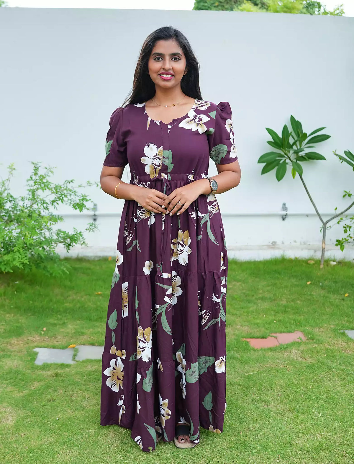 Rayon Floral Print Flared Frock with Puff Sleeve| Mangai Nighties