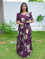 Rayon Floral Print Flared Frock with Puff Sleeve| Mangai Nighties
