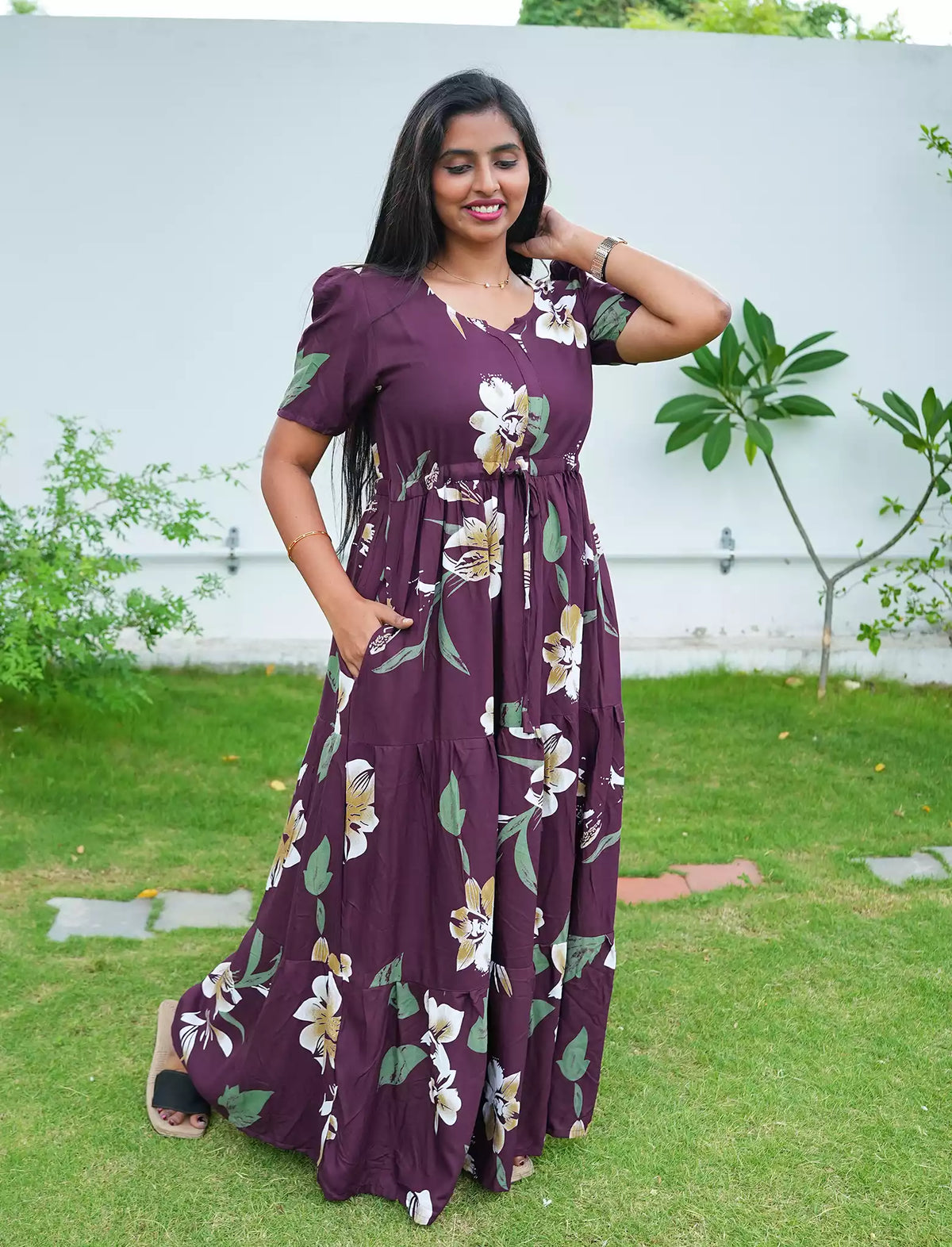 Rayon Floral Print Flared Frock with Puff Sleeve| Mangai Nighties