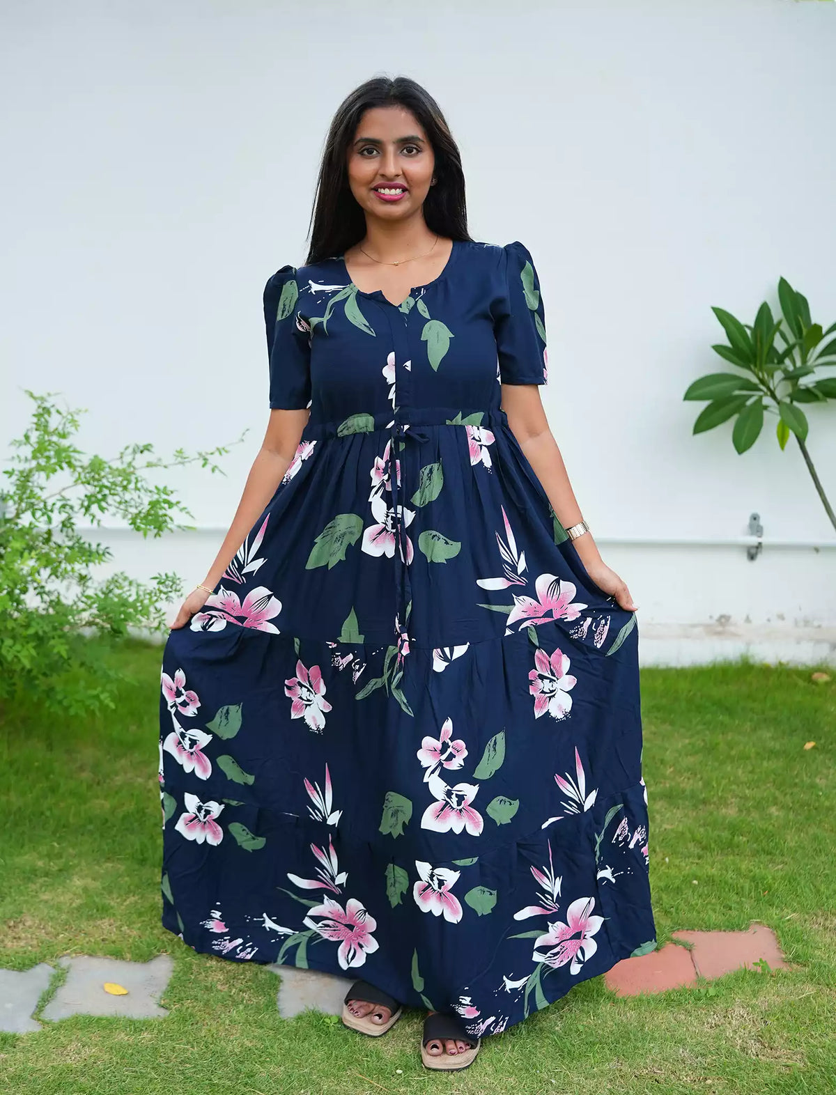 Rayon Floral Print Flared Frock with Puff Sleeve| Mangai Nighties
