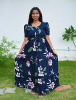 Rayon Floral Print Flared Frock with Puff Sleeve| Mangai Nighties