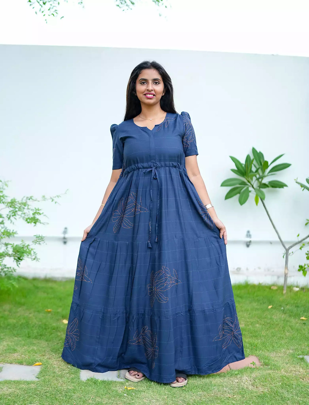 Rayon Floral Printed Tie Waist Puff Sleeve Frock - Mangai Nighties