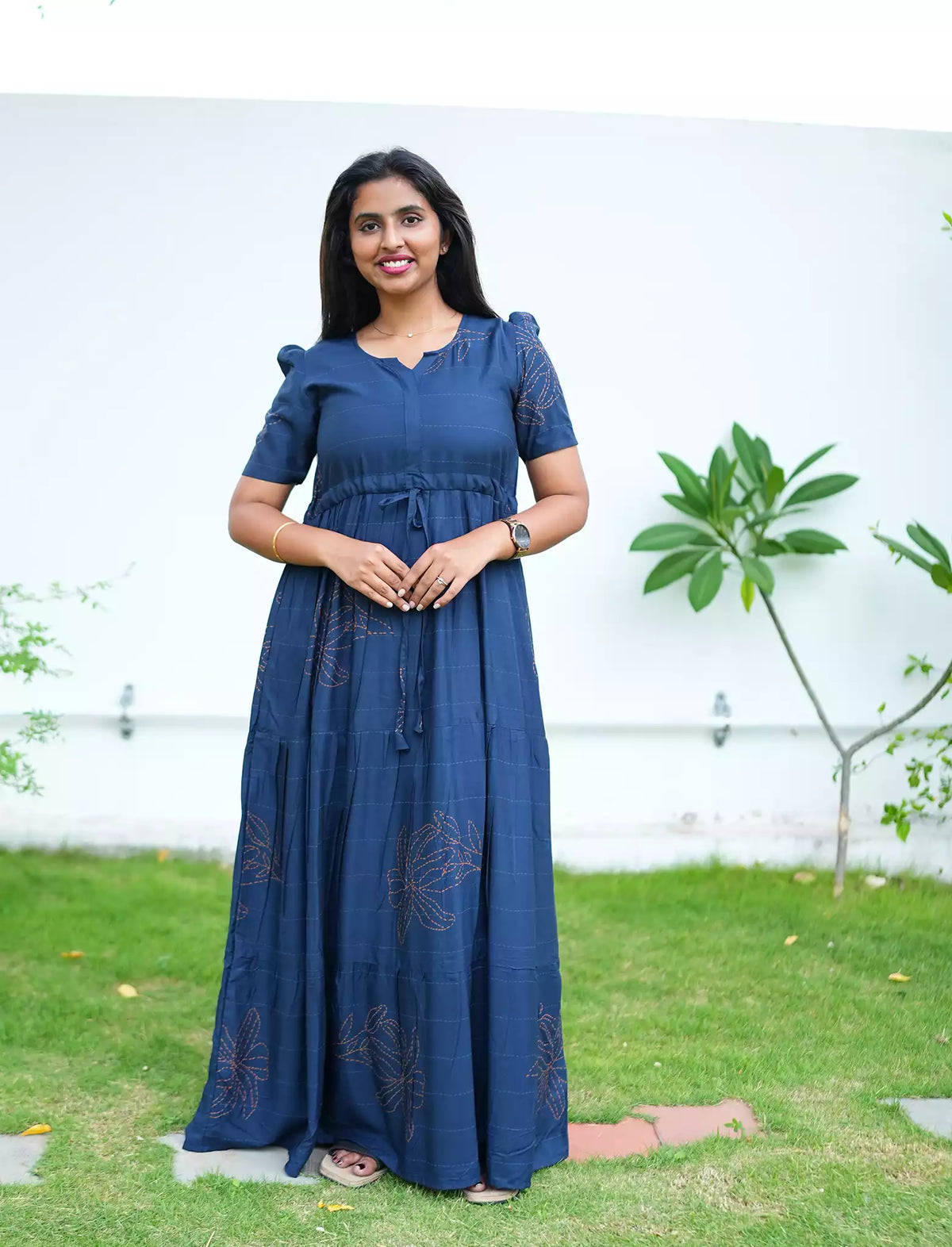 Rayon Floral Printed Tie Waist Puff Sleeve Frock - Mangai Nighties