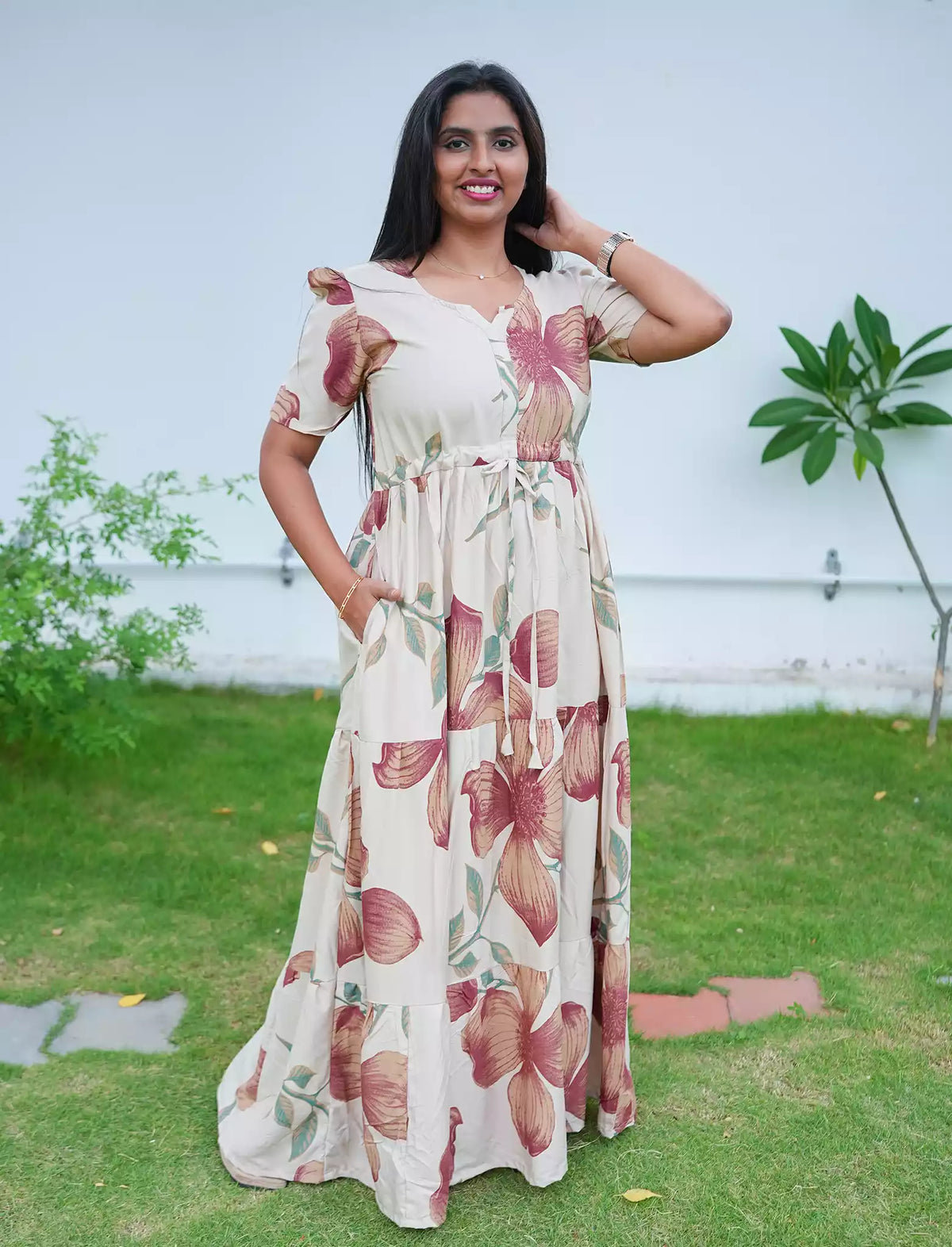 Rayon Floral Flared Frock with Tie Knot | Mangai Nighties