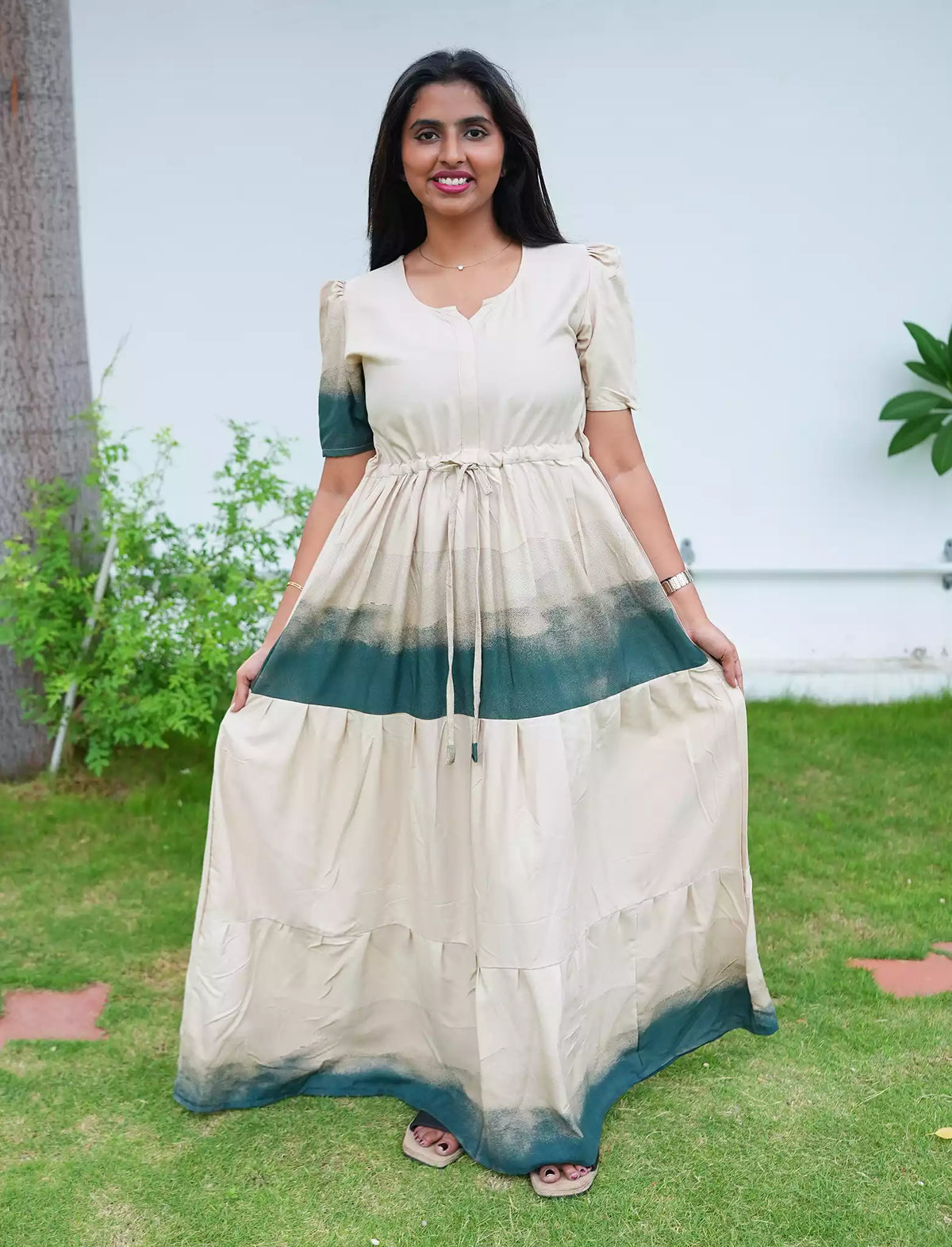 Rayon Ombre Printed Puff Sleeve Frock Styles - Mangai Nighties