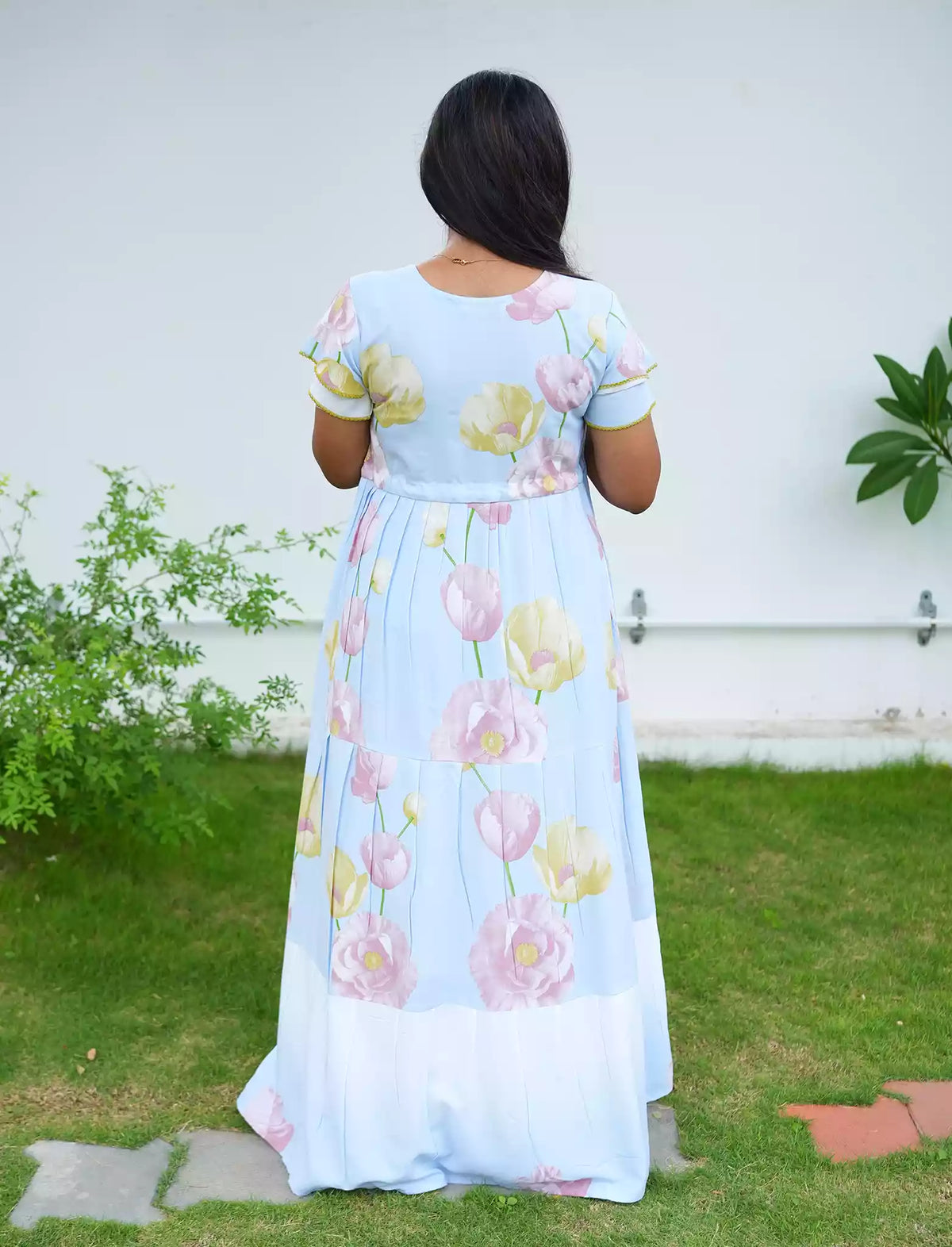 Sky Blue Floral Printed Long Dress with Front Tie - Mangai Nighties