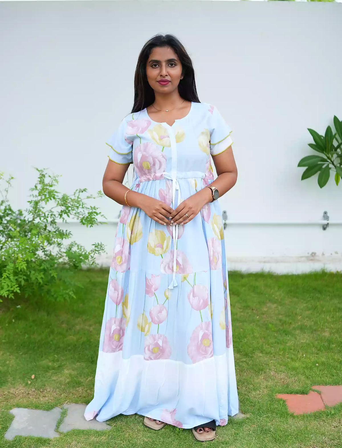 Sky Blue Rayon Gathering Long Frock with Front Tie – Mangai Nighties 