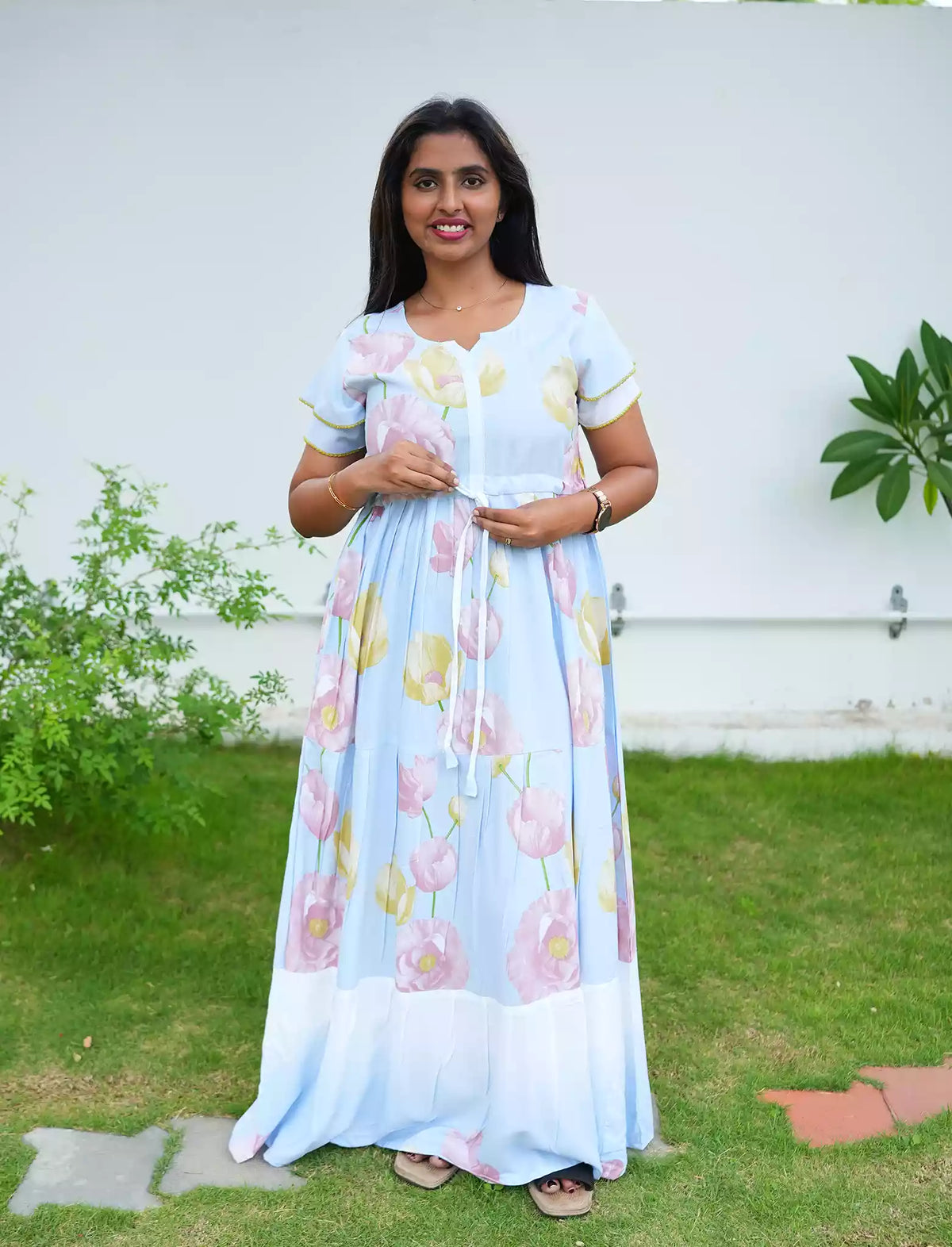Sky Blue Gathered Rayon Frock with Adjustable Front Tie - Mangai Nighties