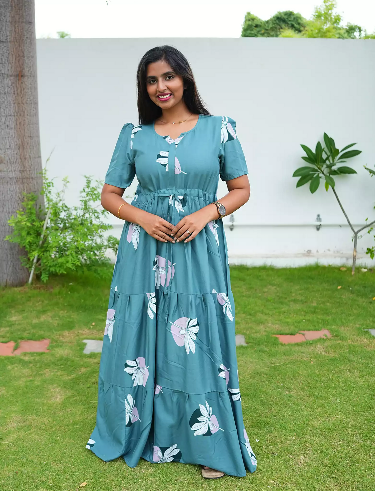 Rayon Floral Print Front Tie Flared Frock with Pocket | Mangai Nighties