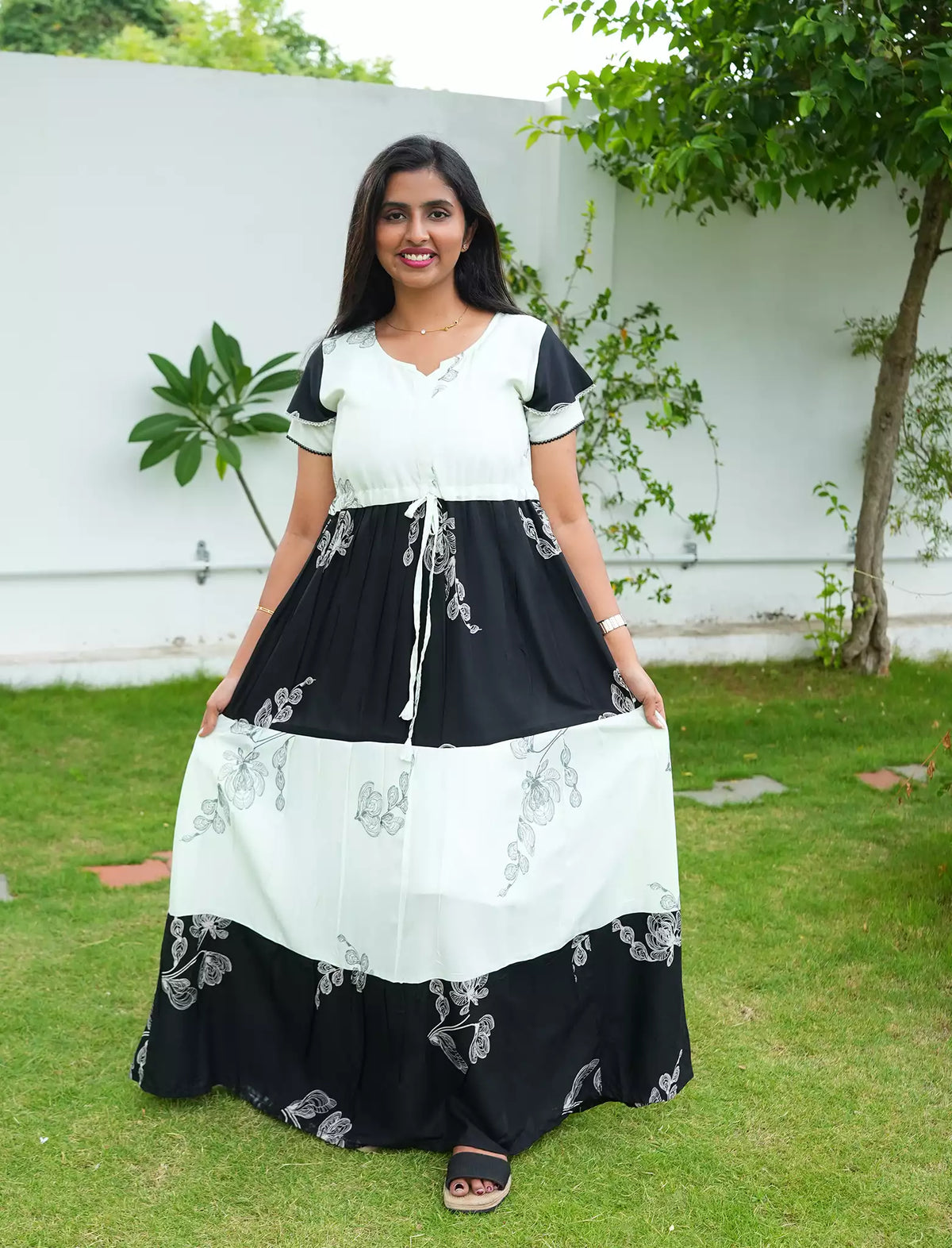 Rayon Floral Print Layer Sleeve Flared Frock - Mangai Nighties