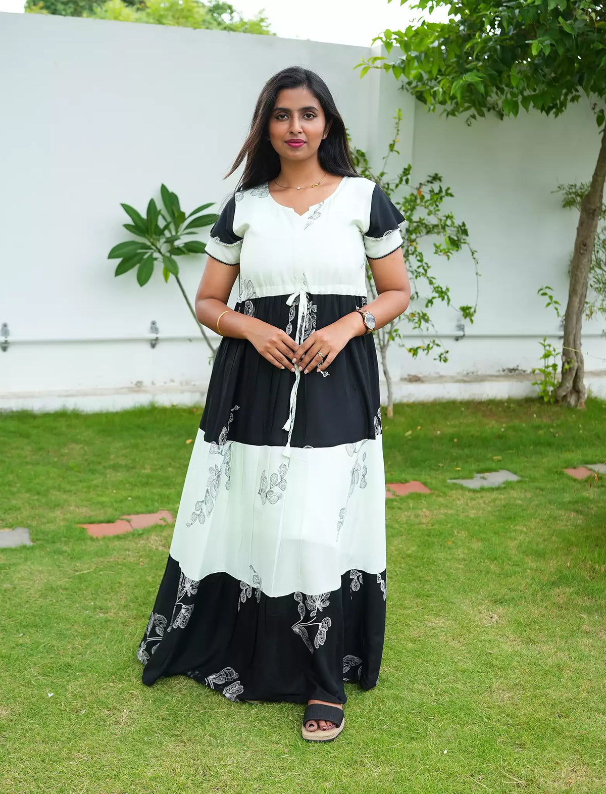 Rayon Floral Print Layer Sleeve Flared Frock - Mangai Nighties