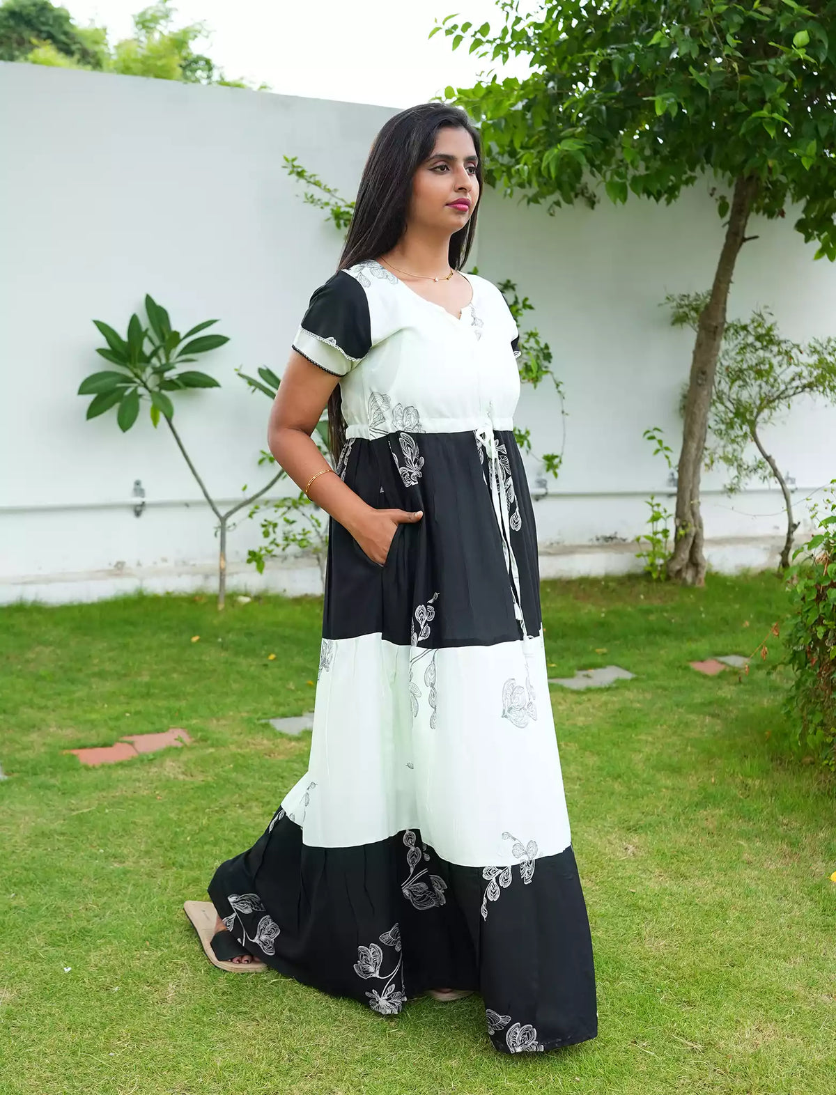 Rayon Floral Print Layer Sleeve Flared Frock - Mangai Nighties