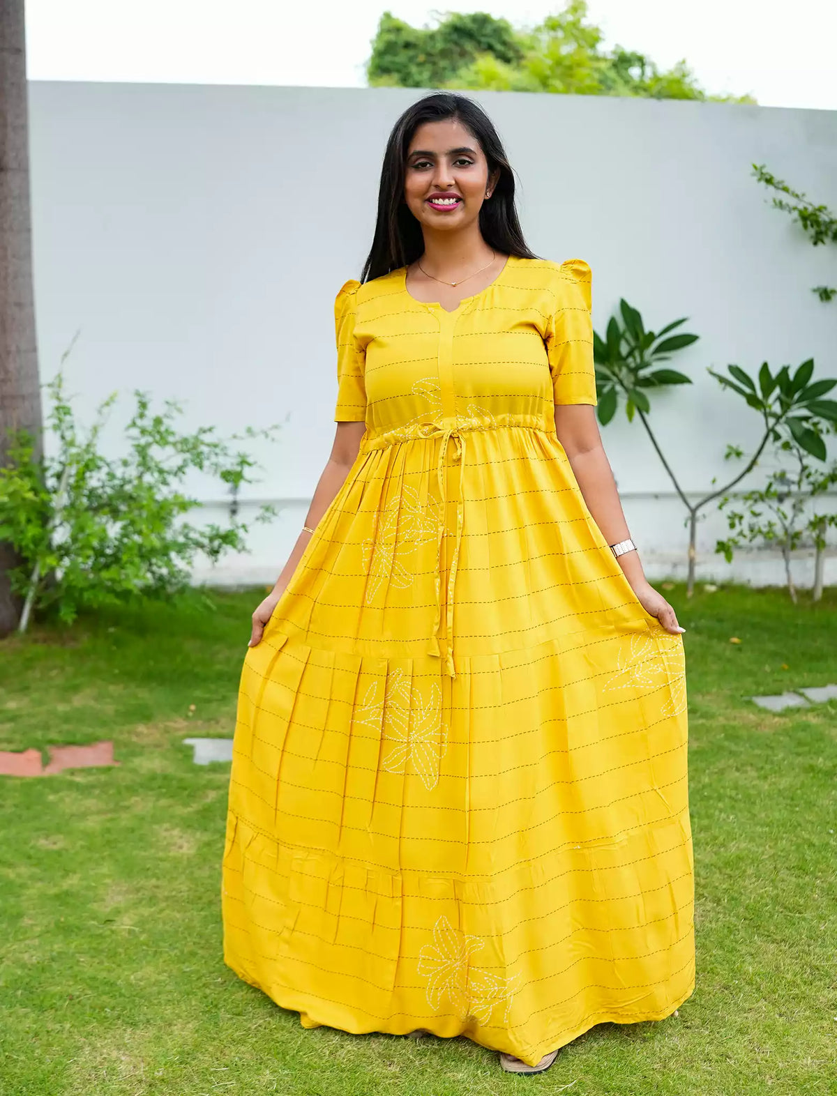 Rayon Floral Printed Tie Waist Puff Sleeve Frock - Mangai Nighties