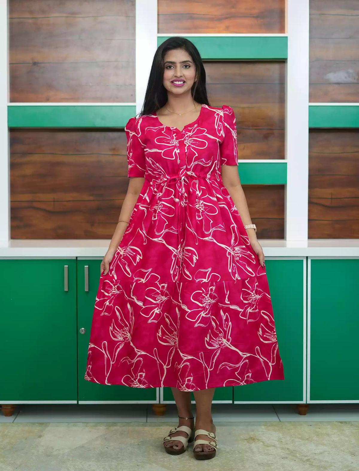 Pink Floral Print Rayon Zipless Maxi Frock for Women - Mangai Nighties