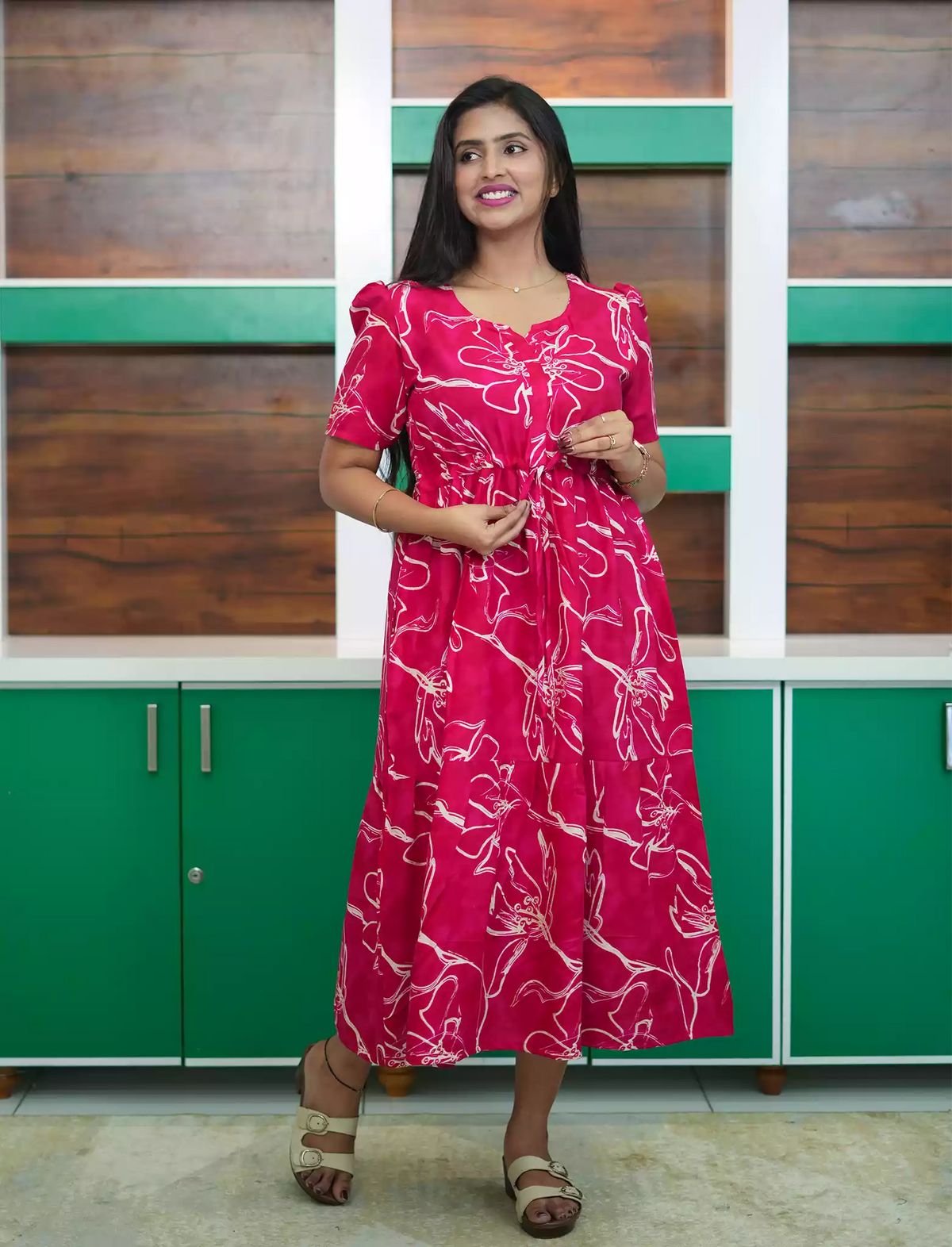 Pink Floral Print Rayon Gathering Maxi Frock with Front Tie - Mangai Nighties