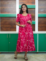 Pink Floral Print Rayon Gathering Maxi Frock with Front Tie - Mangai Nighties
