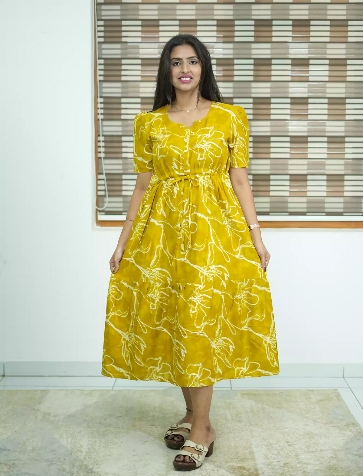 Mustard Floral Print Rayon Zipless Flared Maxi Frock - Mangai Nighties