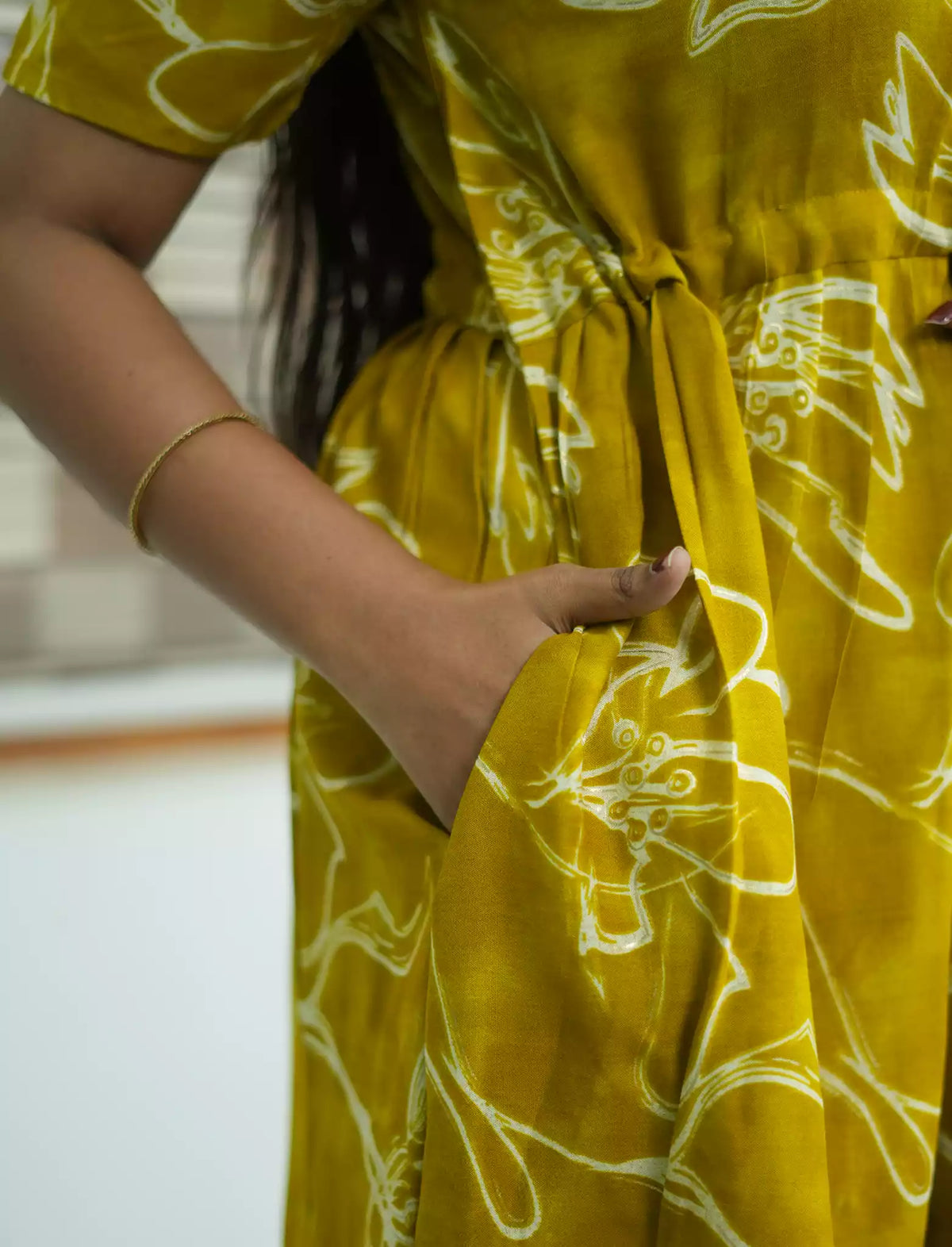 Mustard Floral Print Rayon Gathering Maxi with Side Pocket - Mangai Nighties