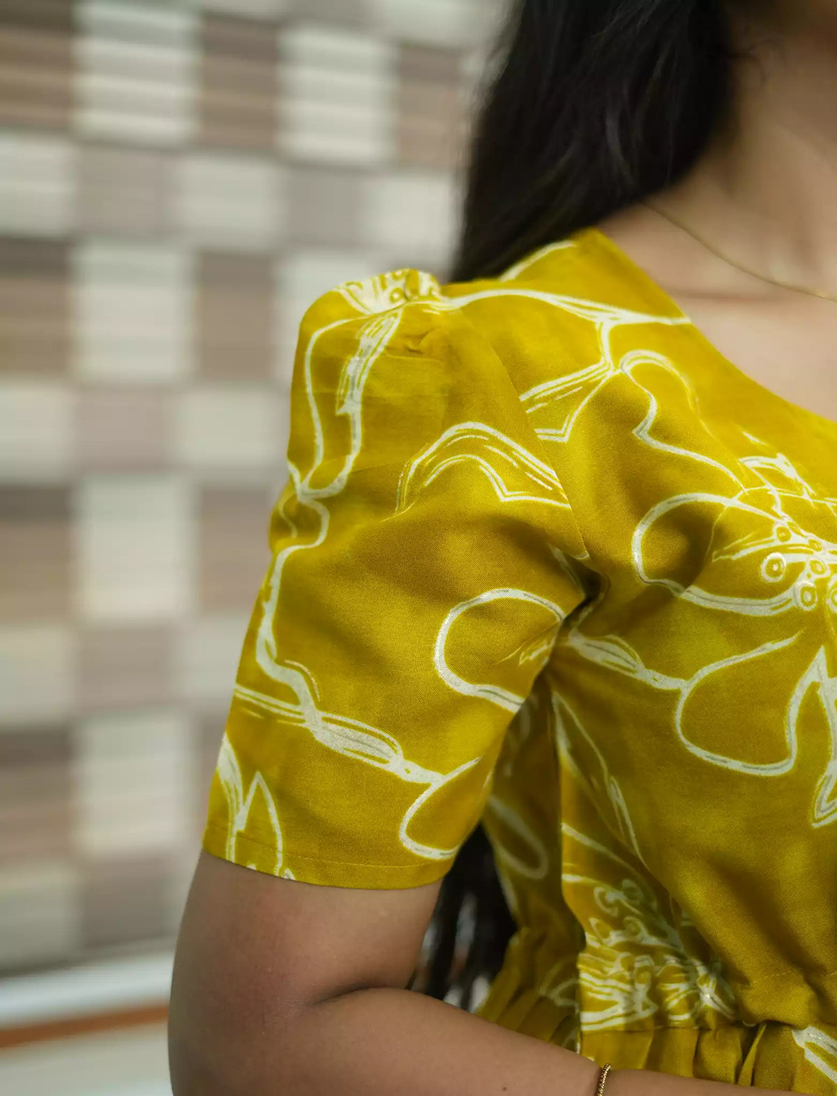 Floral Print Mustard Rayon Maxi Frock with Puff Sleeve - Mangai Nighties