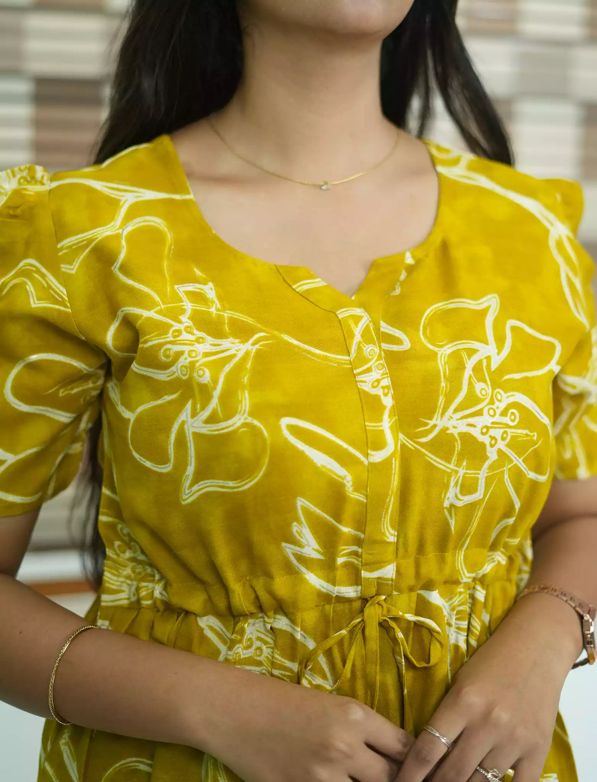 Mustard Floral Print Rayon Round Neck Gathering Maxi Frock - Mangai Nighties