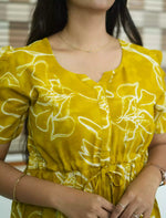 Mustard Floral Print Rayon Round Neck Gathering Maxi Frock - Mangai Nighties