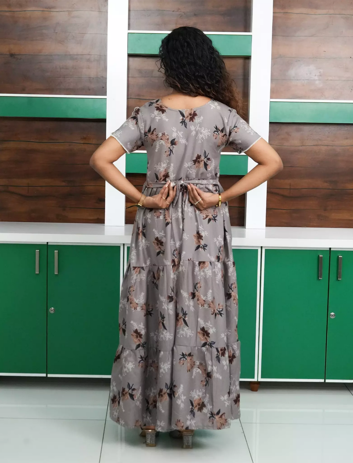 Alpine Floral Print Petal Sleeve 3 Layer Full Frock - Mangai Nighties