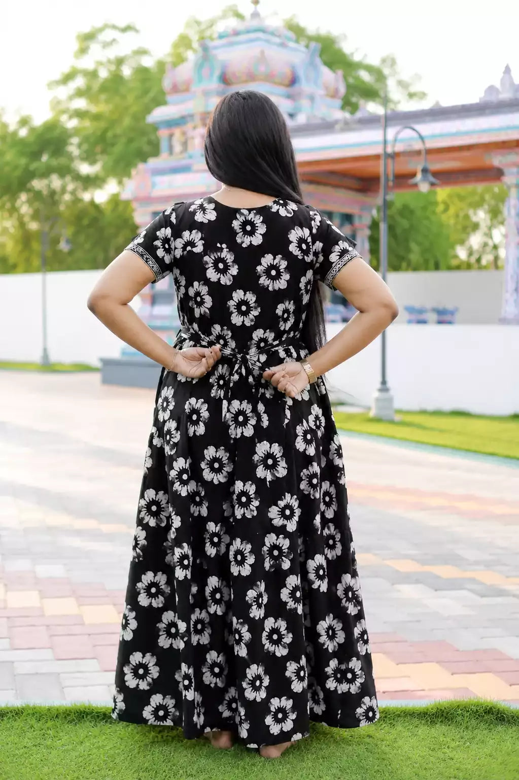 Black Jaipur Cotton Feeding Frock with Back Tie Rope Back View - Mangai Nighties 