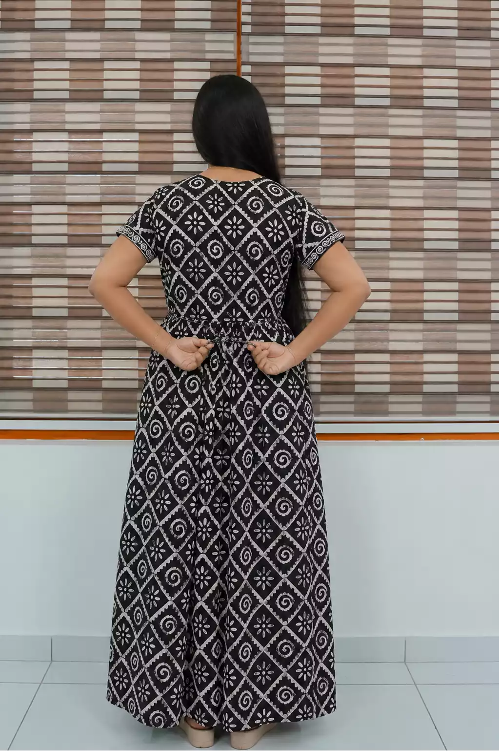 Black Jaipur Cotton Frock with Back Tie and Zipper Back View - Mangai Nighties 