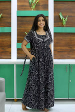 Black Jaipur Cotton Frock with Back Tie and Zipper Front View - Mangai Nighties 