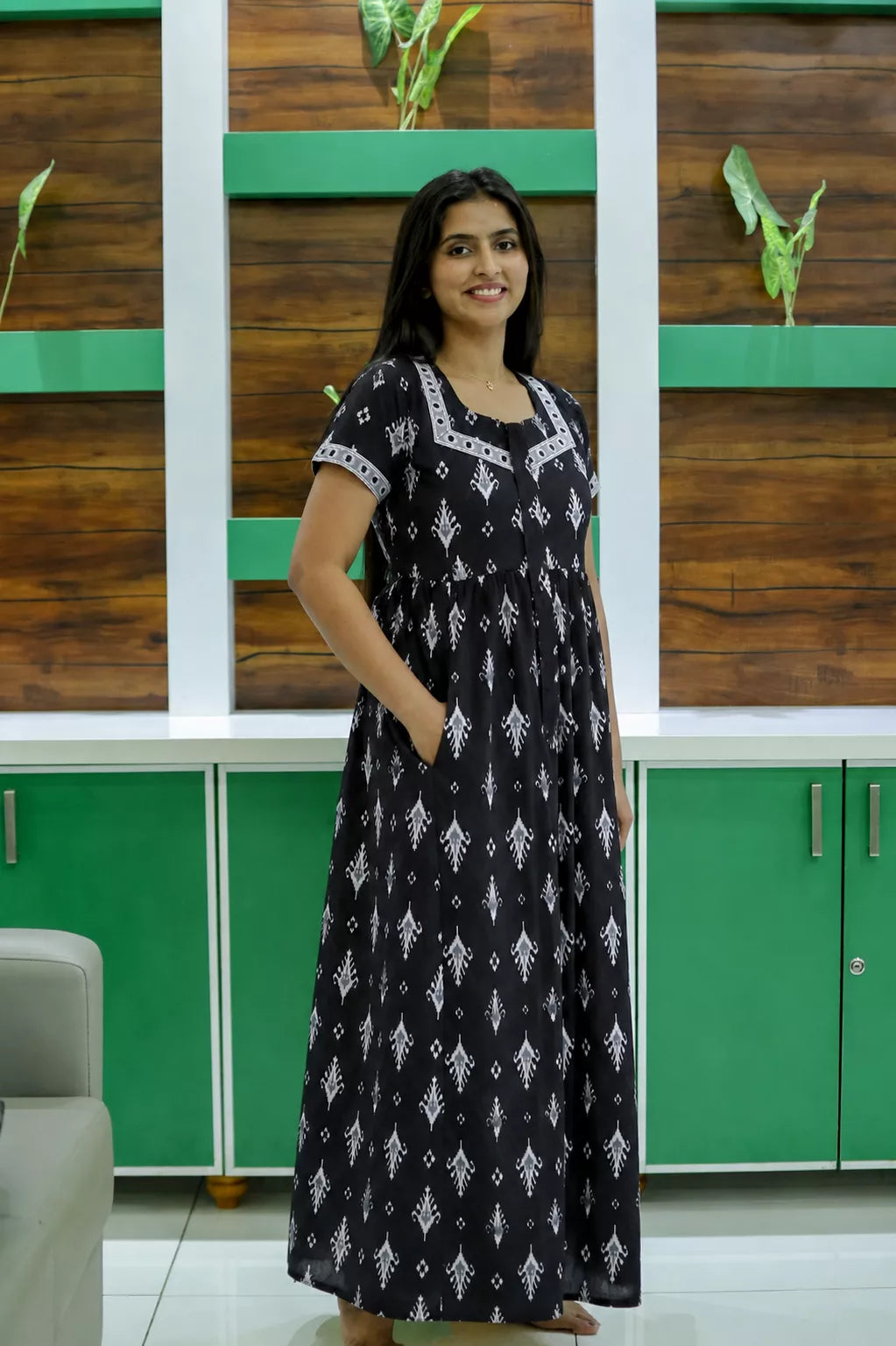 Black Jaipur Cotton Casual Feeding Frock with Half Sleeve Front View 