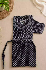 Black Jaipur Cotton Front Zipper Frock with Back Tie Rope - Mangai Nighties 